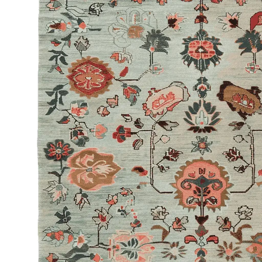 A beautifully detailed area rug showcasing an ornate floral pattern in warm tones. This hand-knotted wool rug is perfect for adding elegance to living rooms, especially in an 8x10 size. The intricate design features a blend of traditional and contemporary floral motifs, making it an ideal choice for those seeking stylish and durable rugs for living room settings.