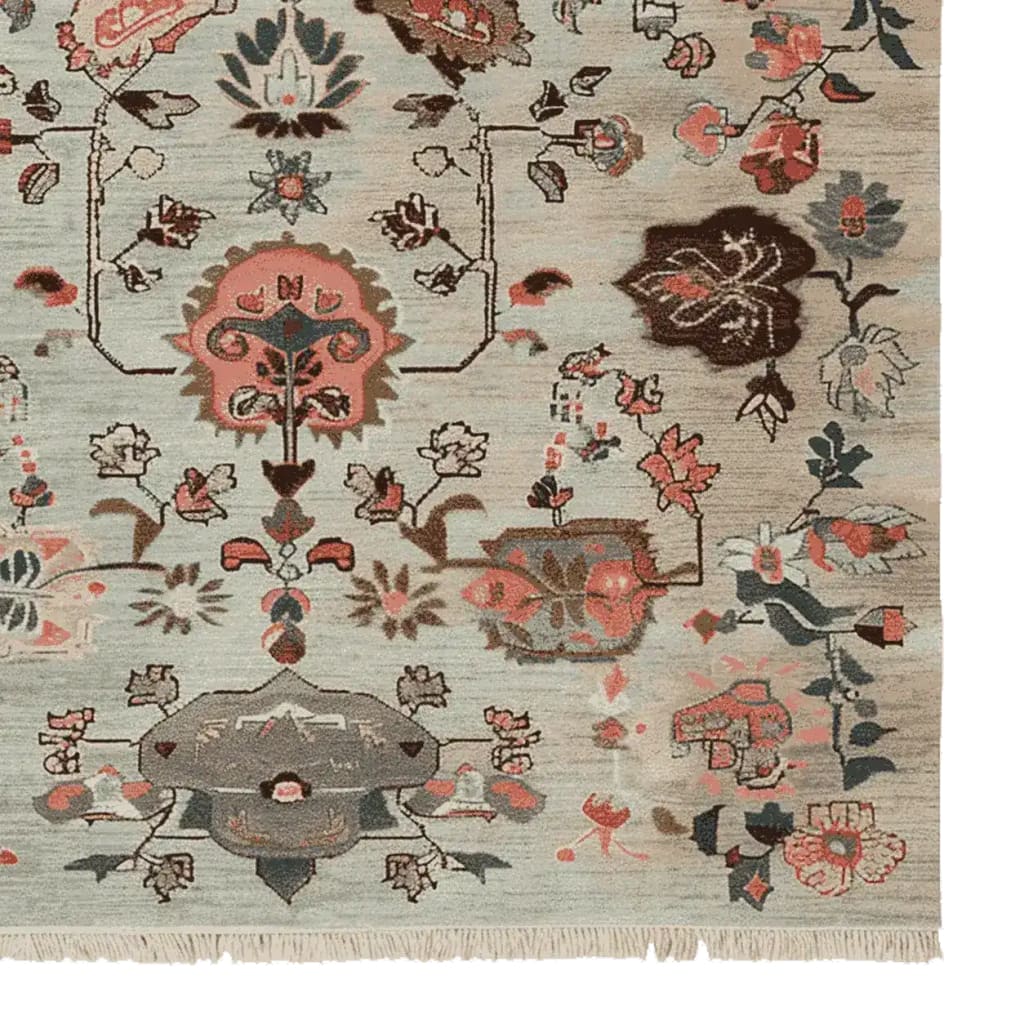 Ornate hand-knotted area rug featuring an intricate floral pattern, perfect for adding elegance to your living room. This wool rug showcases a harmonious blend of earthy tones and vibrant colors, ideal for 8x10 spaces.