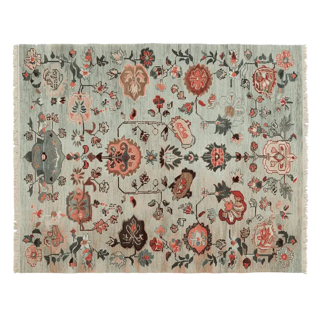 Beautiful hand-knotted area rug featuring an ornate floral design in warm and subtle tones. This wool rug is perfect for adding elegance to living rooms, especially as an 8x10 rug. The intricate floral patterns and quality craftsmanship make it a standout choice for those seeking rugs for their living room.