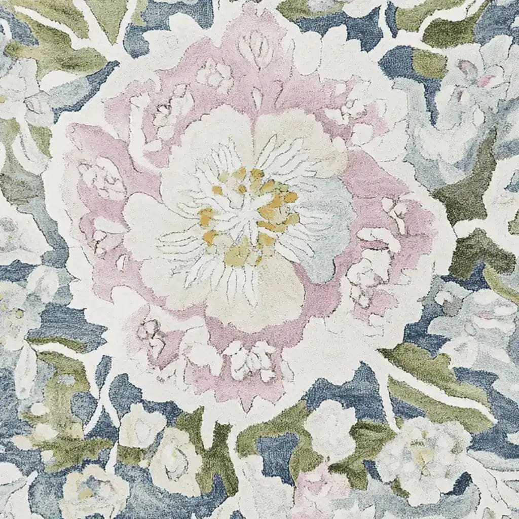 Close-up view of the Ornate Flower Twist Hand Tufted Area Rug, showcasing its intricate floral design in soft pastel colors. Perfect for adding elegance to living room area rugs, this wool rug in an 8x10 size brings a touch of nature indoors.