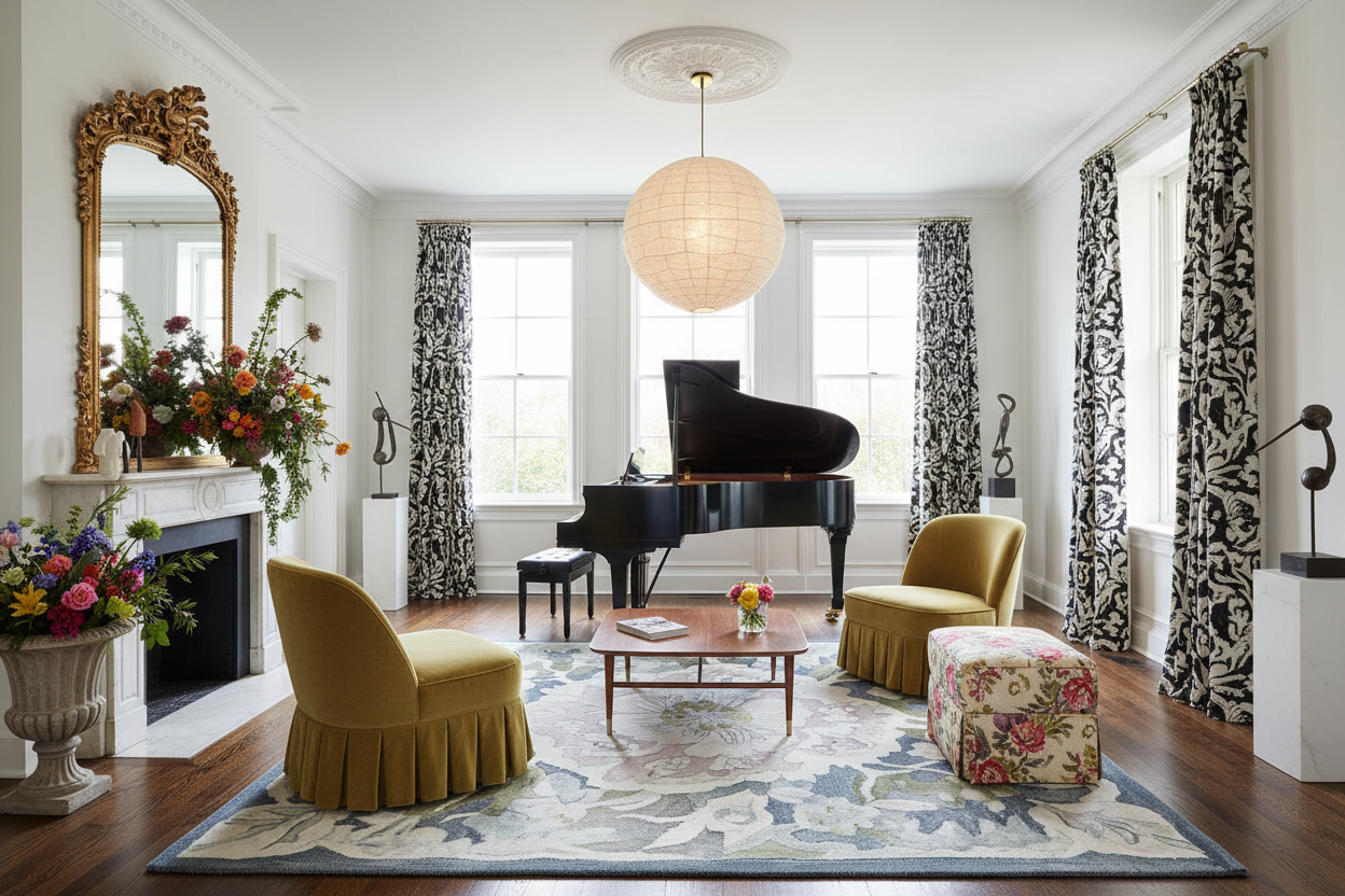 Living room with a grand piano, floral arrangements, and decorative elements.