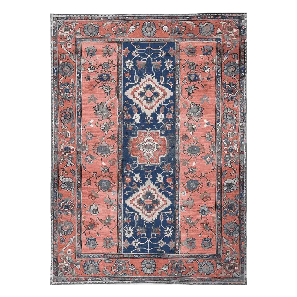 The Ornate Mirage Hand Tufted Area Rug showcases an intricate vintage design with rich colors, perfect for adding elegance to any living room. This wool rug in an 8x10 size features a detailed floral pattern with a harmonious blend of coral and navy hues, making it an ideal centerpiece.