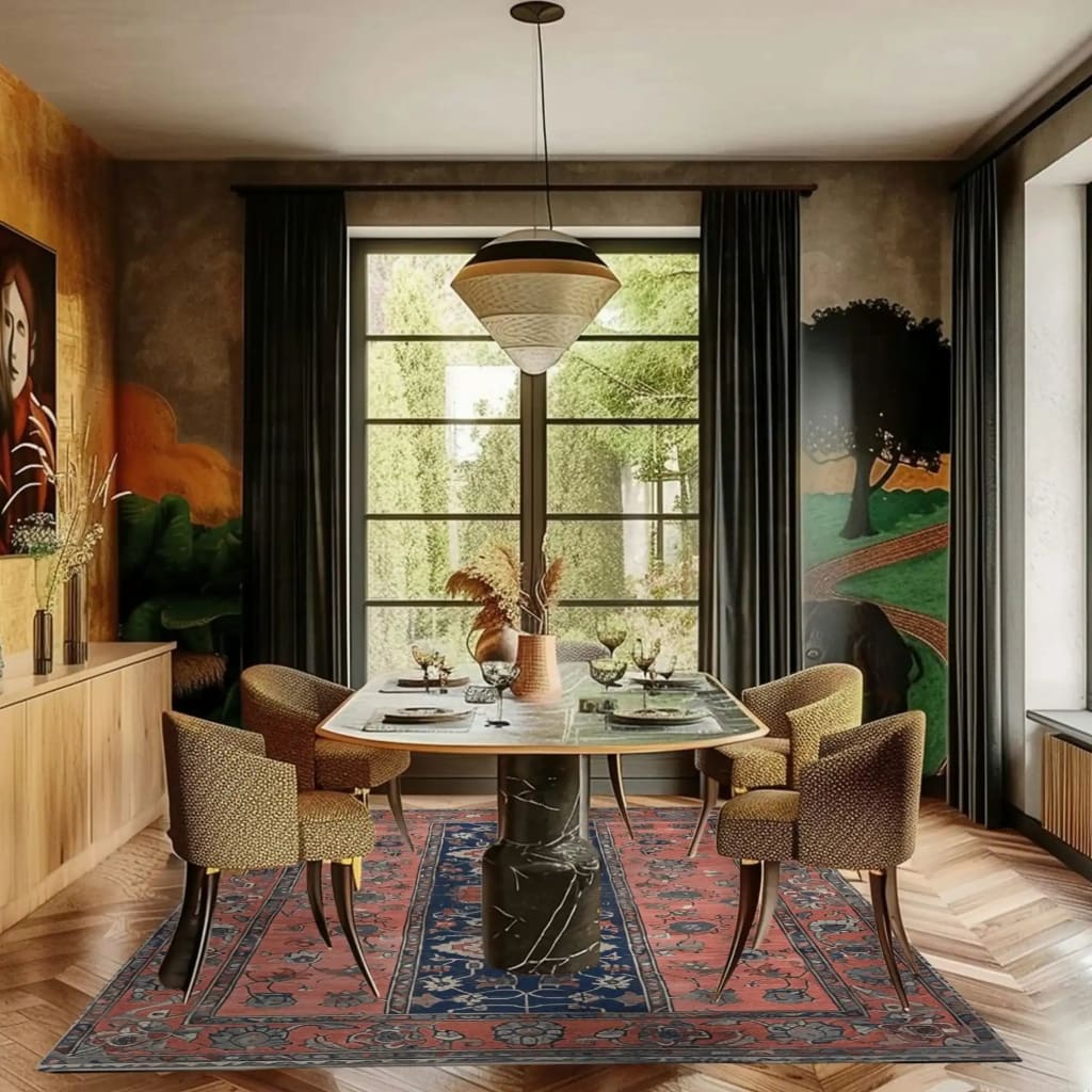 A beautifully styled dining room featuring an Ornate Mirage hand-tufted area rug, perfect for adding a touch of elegance to any space. This wool rug, sized 8x10, showcases a vintage design with intricate patterns, complementing the modern decor and natural light from the large window.