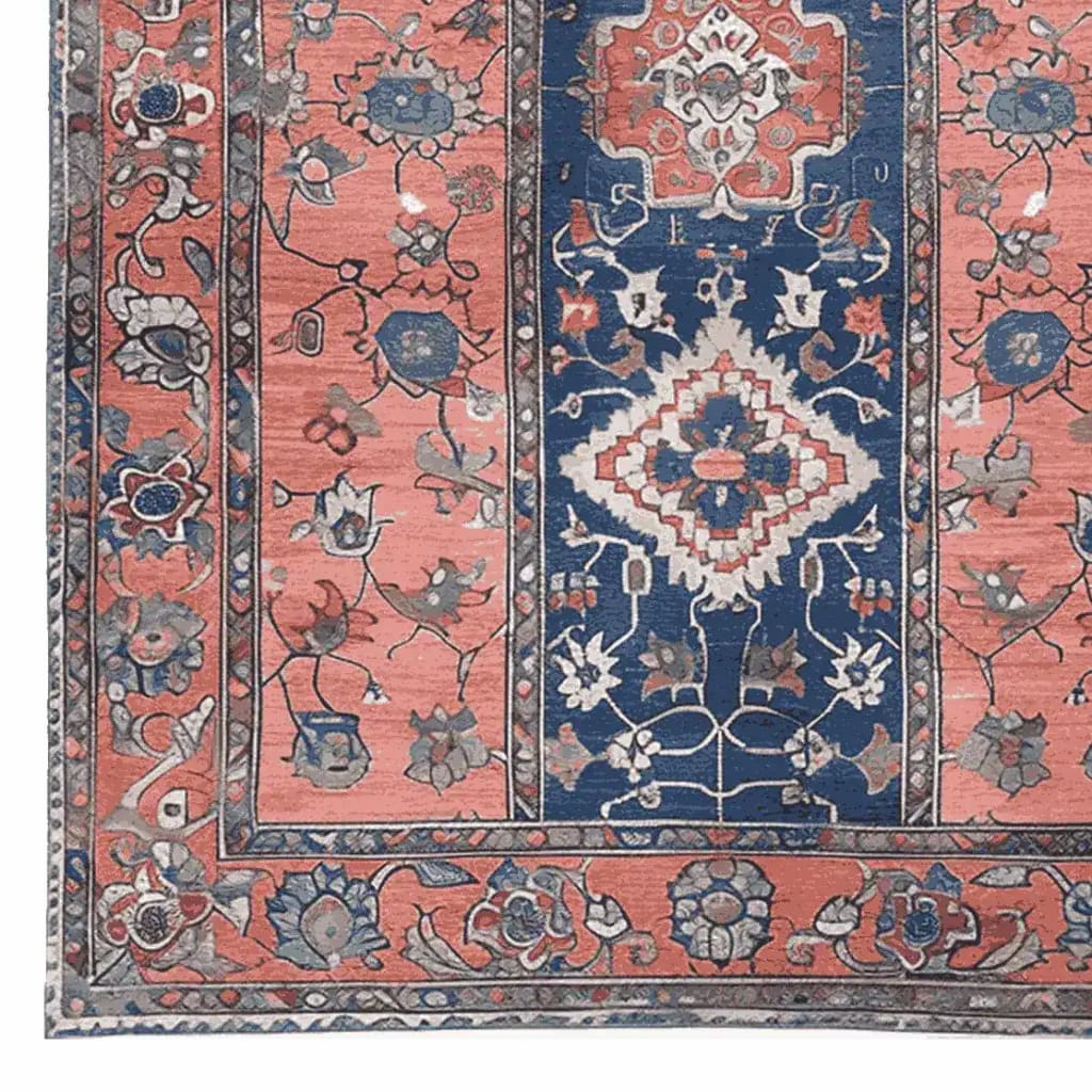 This image showcases a beautifully crafted area rug with intricate designs and vibrant colors. The ornate patterns feature a mix of floral and geometric elements in rich coral and deep blue hues, perfect for adding a vintage touch to any living space. Ideal as a wool rug for living room decor, this 8x10 hand-tufted piece brings elegance and warmth to your home.