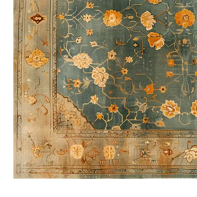 Close-up view of the Ornate Persian Reverie Hand Tufted Wool Rug, showcasing intricate floral patterns in vibrant orange and cream tones against a rich blue background. Ideal for large living room spaces, this area rug adds elegance and warmth with its luxurious wool texture.