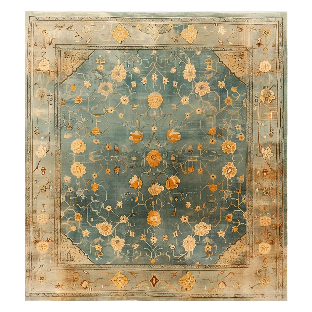 Top view of an ornate Persian Reverie hand-tufted wool rug, featuring intricate floral patterns in warm tones on a rich blue background. This area rug is perfect for enhancing large living room spaces with its elegant design and luxurious texture.