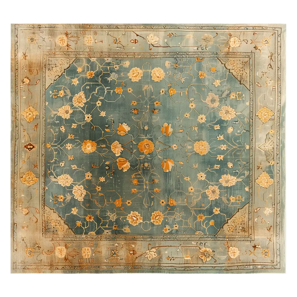 Top view of an Ornate Persian Reverie Hand Tufted Wool Rug, showcasing intricate floral patterns in warm tones on a rich teal background. This elegant area rug is perfect for adding sophistication to large living room spaces.