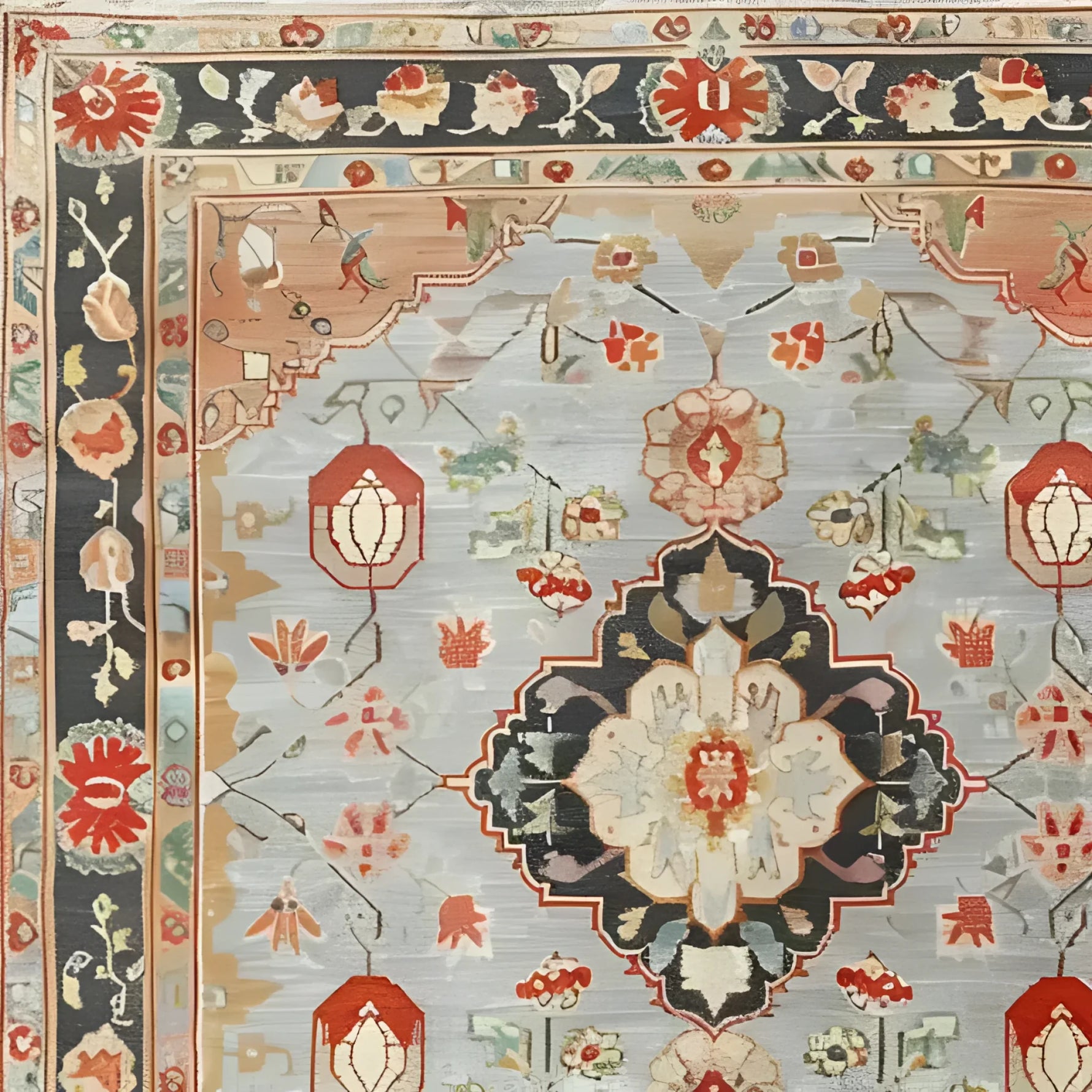 Close-up of an ornate shadow floral hand-knotted area rug showcasing intricate floral patterns and vintage designs. This Persian-inspired rug is perfect for adding elegance to living room spaces, blending traditional aesthetics with modern decor.
