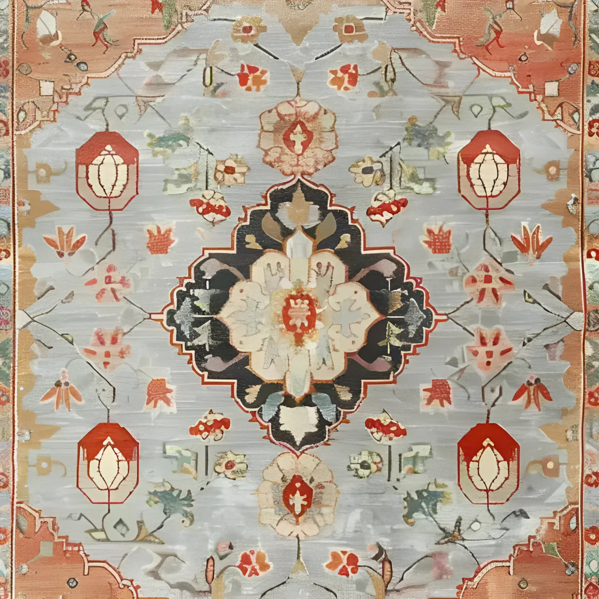 A detailed view of an ornate shadow floral hand-knotted area rug, showcasing a beautiful vintage floral pattern with intricate Persian designs. This living room area rug features a harmonious blend of colors, including soft blues, reds, and earthy tones, making it a perfect choice for adding a touch of elegance to your home decor.