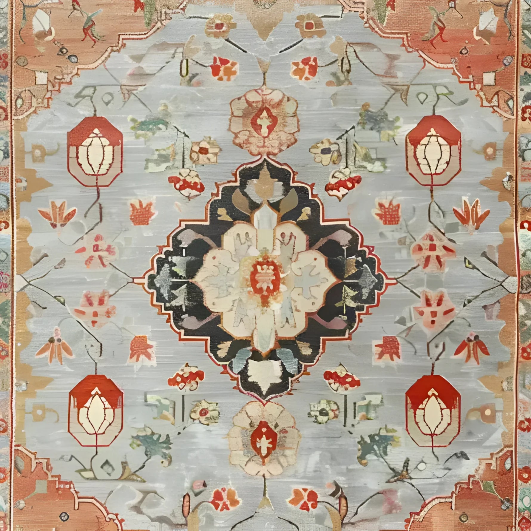 A detailed view of an ornate shadow floral hand-knotted area rug, showcasing a beautiful vintage floral pattern with intricate Persian designs. This living room area rug features a harmonious blend of colors, including soft blues, reds, and earthy tones, making it a perfect choice for adding a touch of elegance to your home decor.
