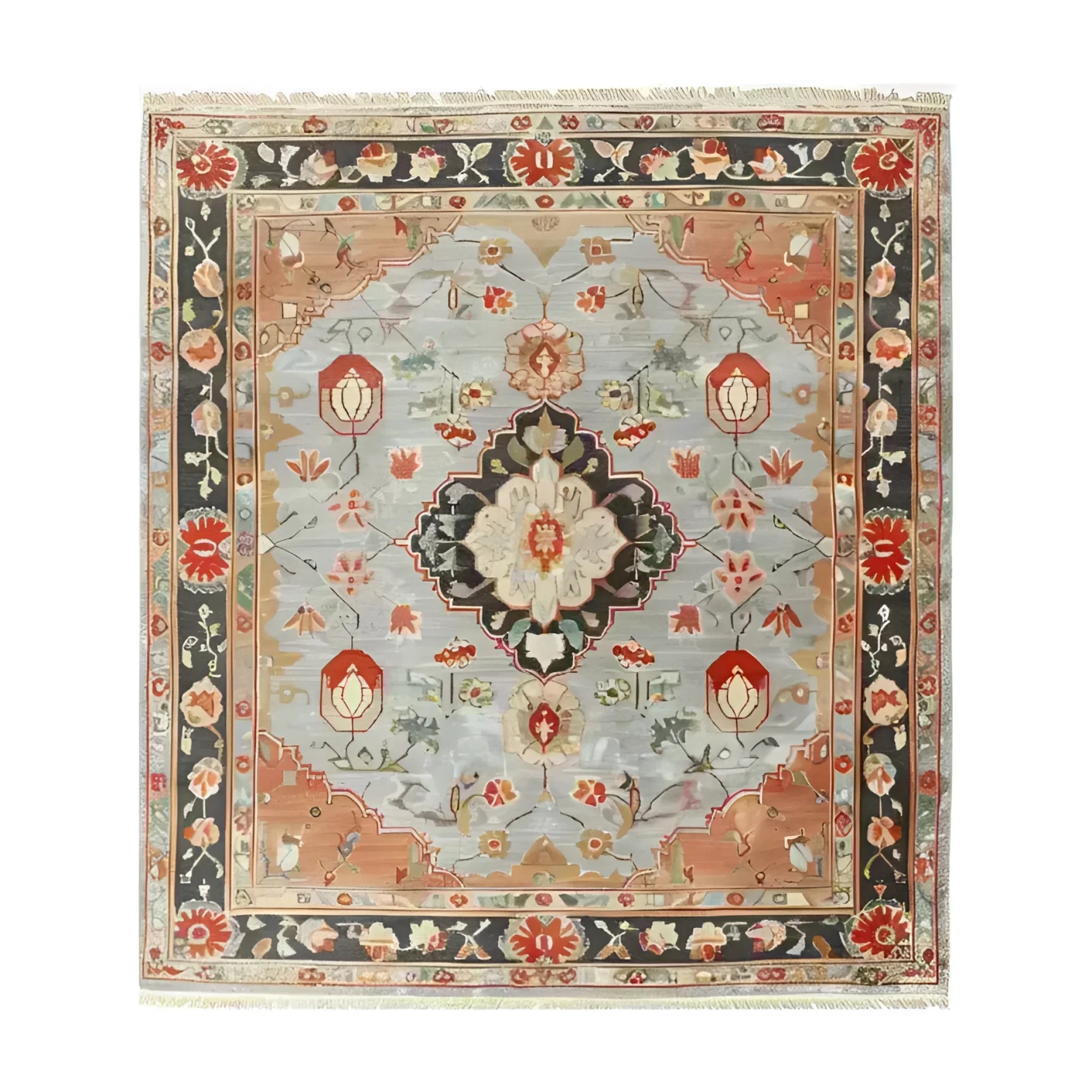 The "Ornate Shadow Floral Hand-Knotted Area Rug" features intricate floral patterns with a shadowed effect, offering a sophisticated and elegant touch to your space. Hand-knotted for durability, this rug blends artistry with timeless beauty.