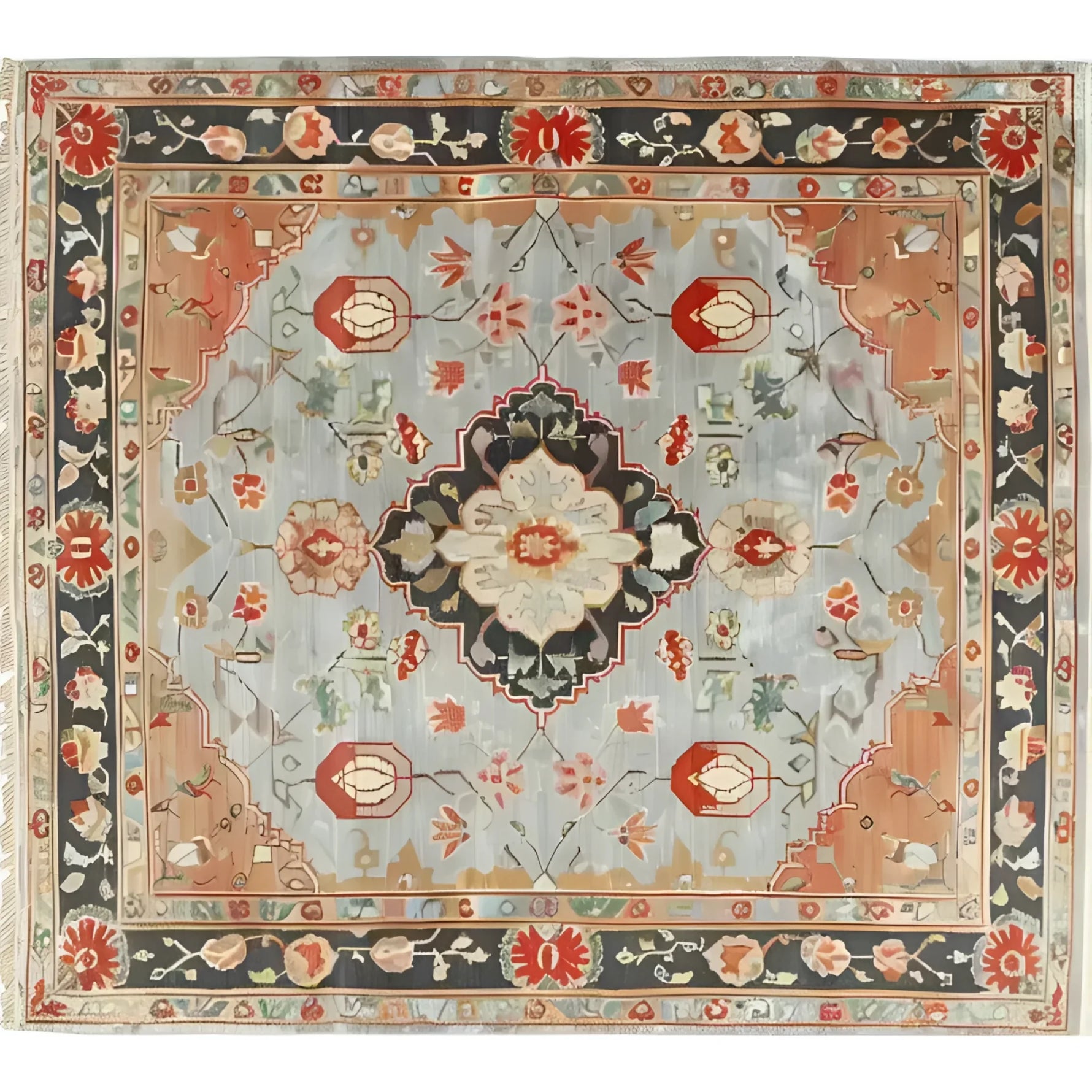 This Ornate Shadow Floral Hand Knotted Area Rug displays a vintage floral design with intricate patterns, perfect for adding elegance to any living room. The Persian-inspired rug showcases a harmonious blend of colors, including red, blue, and beige, making it an ideal choice for those seeking timeless area rugs for living room decor.