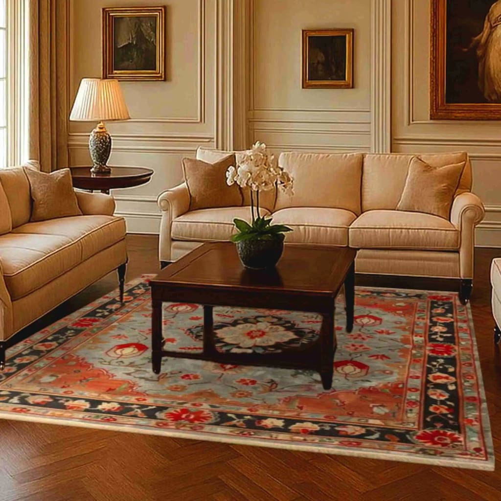 Beautiful ornate shadow floral hand-knotted area rug in a classic living room setting. This exquisite vintage rug features intricate floral patterns with rich colors, adding a touch of elegance to the space. Ideal for those seeking luxurious Persian rugs or sophisticated area rugs for living rooms.
