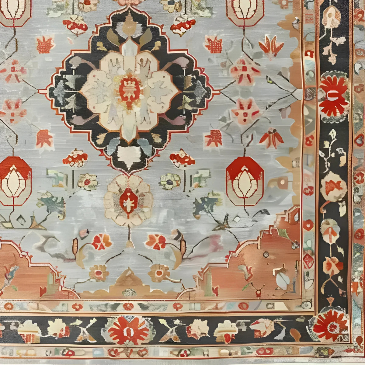 Close-up view of an Ornate Shadow Floral Hand Knotted Area Rug featuring a vintage Persian design with intricate floral patterns. Perfect for enhancing living room decor, this floral rug showcases a harmonious blend of earthy tones and detailed craftsmanship, ideal for those seeking elegant area rugs for the living room.