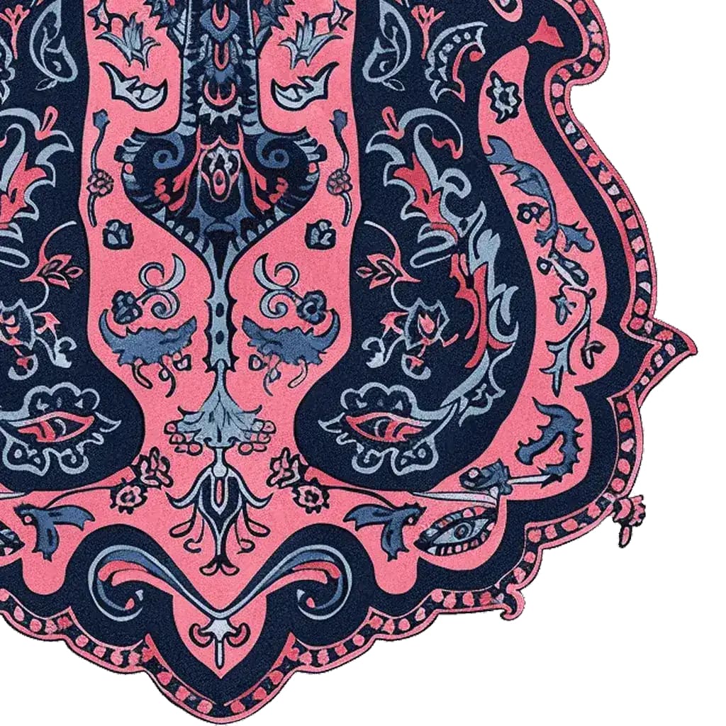 The Ornate Whispers Hand-Tufted Rug is an elegant area rug featuring a vintage design with intricate floral and abstract patterns in rich pink and navy colors. This wool rug is perfect for adding a touch of sophistication to your living room, ideally suited for an 8x10 space.