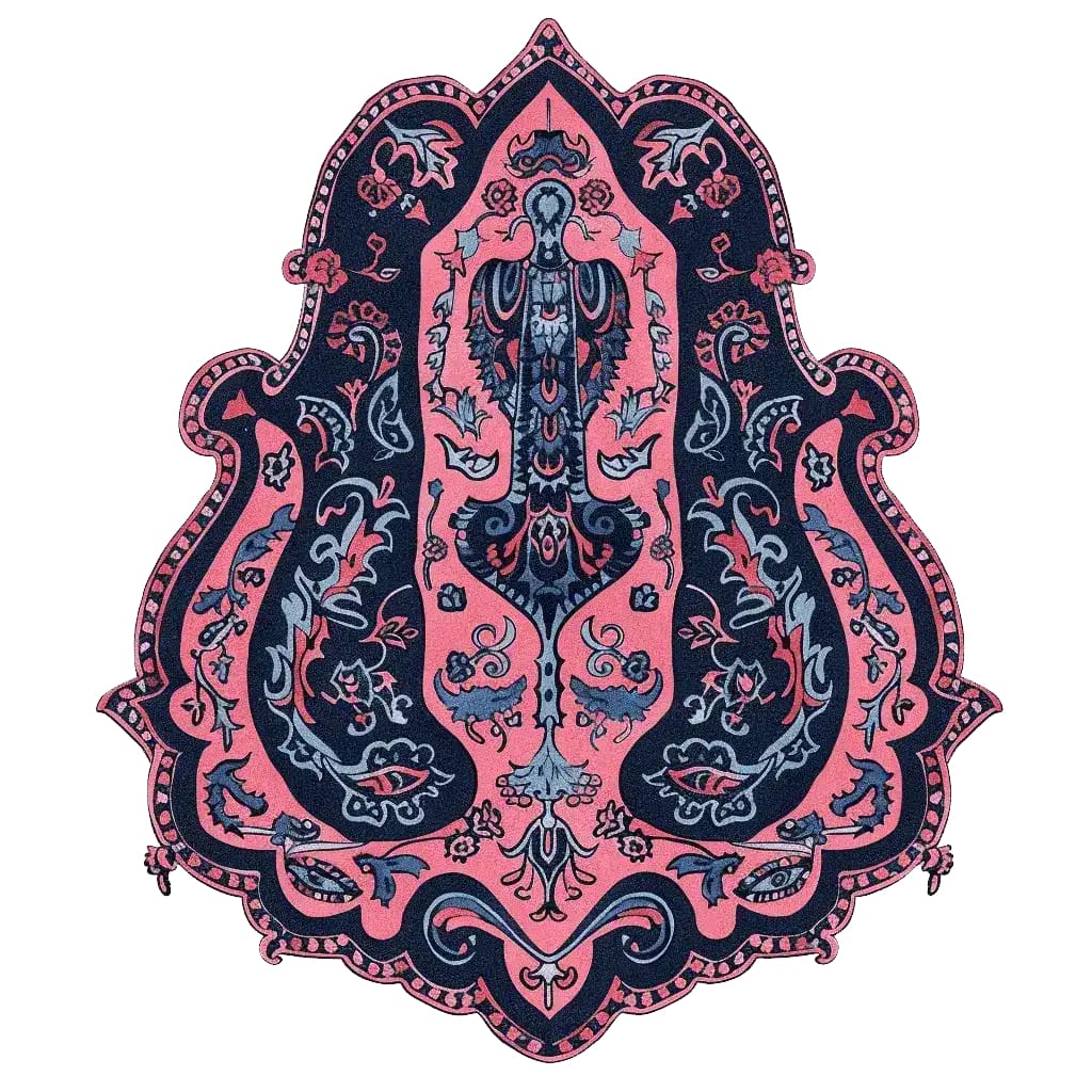 Top view of the Ornate Whispers Hand-Tufted Rug, an elegant area rug ideal for living rooms. This wool rug features a vintage-inspired design with intricate patterns in shades of pink and navy, perfect for adding a touch of sophistication to your living room area rugs collection. Sized ideally for living room rugs 8x10.