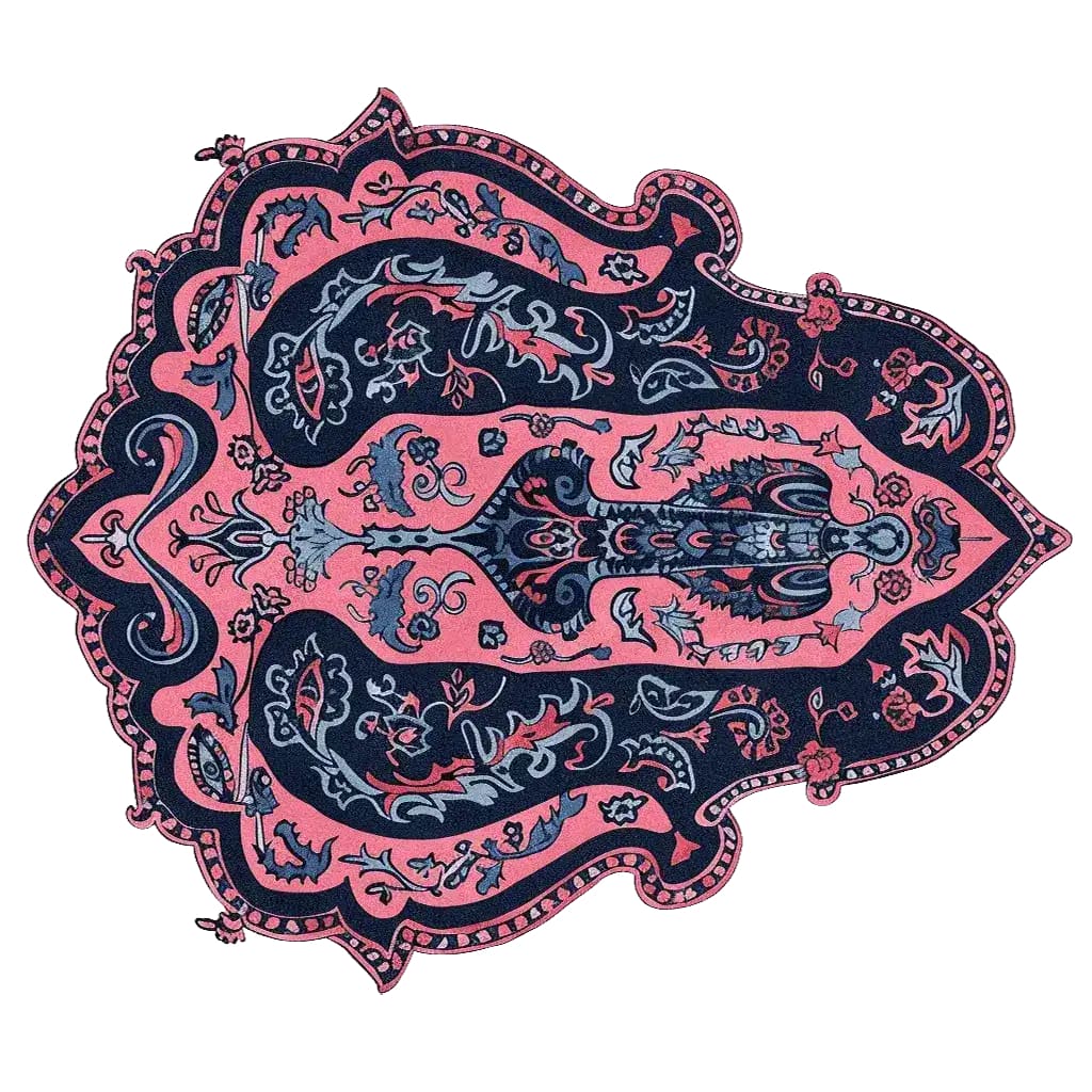 A beautifully detailed Ornate Whispers Hand-Tufted Area Rug, showcasing a pink and navy vintage design with intricate patterns. Perfect for enhancing living room spaces, this 8x10 wool rug offers an elegant and timeless appeal, ideal for those seeking unique living room area rugs.