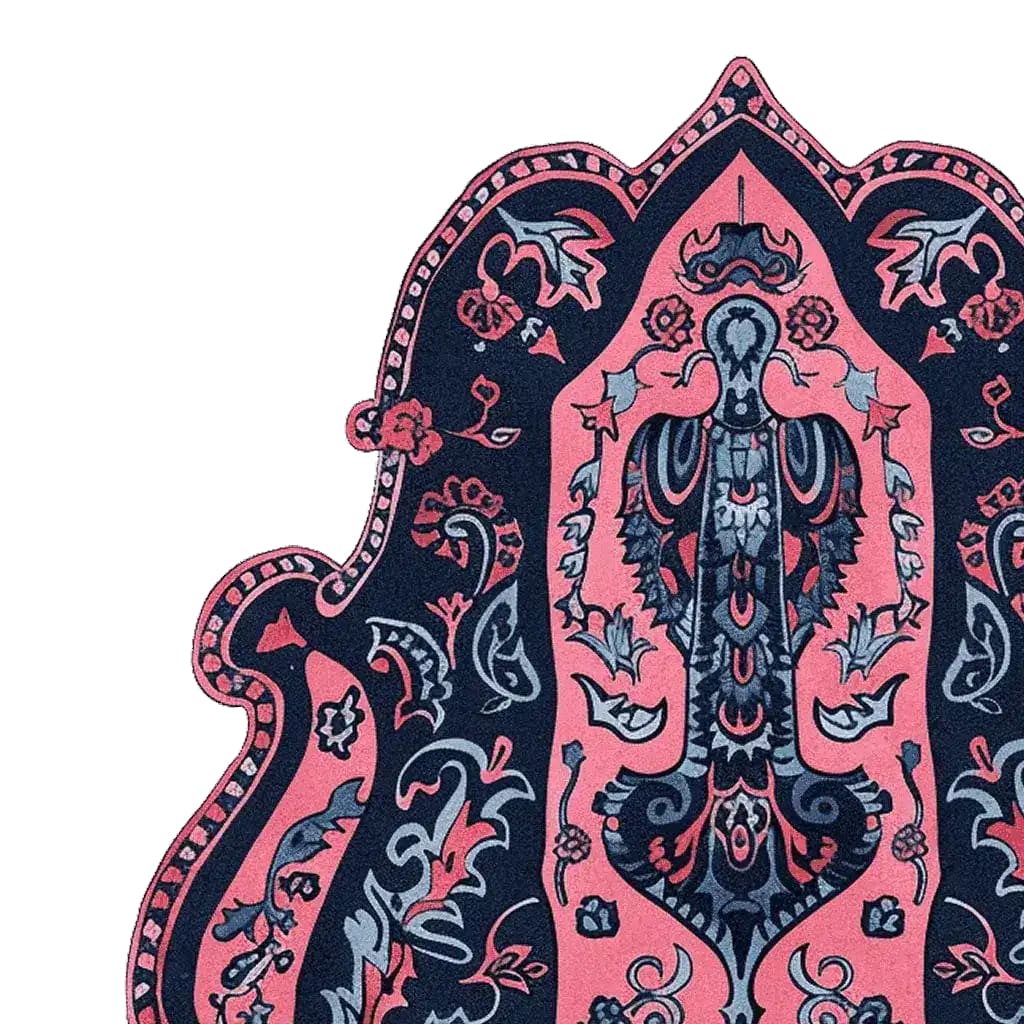 An intricately designed area rug featuring a vintage-inspired pattern with bold navy and coral hues. This hand-tufted wool rug is perfect for adding a touch of elegance to living room spaces. Its unique, ornate shapes and floral motifs make it a standout piece among living room area rugs, ideal for a cozy 8x10 setup.