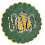 Overhead of round scalloped snake rug, green pile with gold border and coiled monochrome serpent