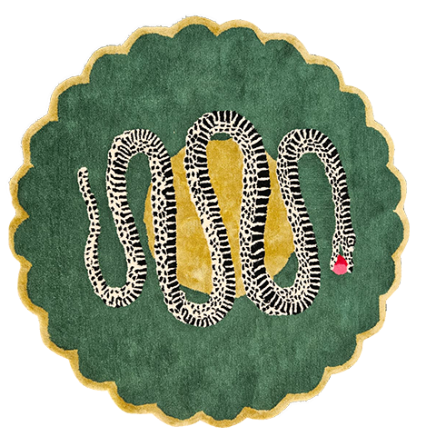 Overhead of round scalloped snake rug, green pile with gold border and coiled monochrome serpent