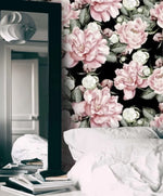 Oversized Blush Roses on Dark Wallpaper