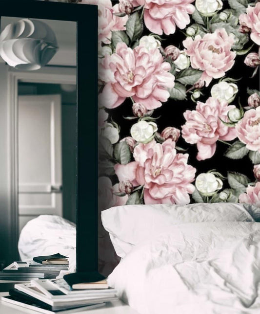 Oversized Blush Roses on Dark Wallpaper - MAIA HOMES