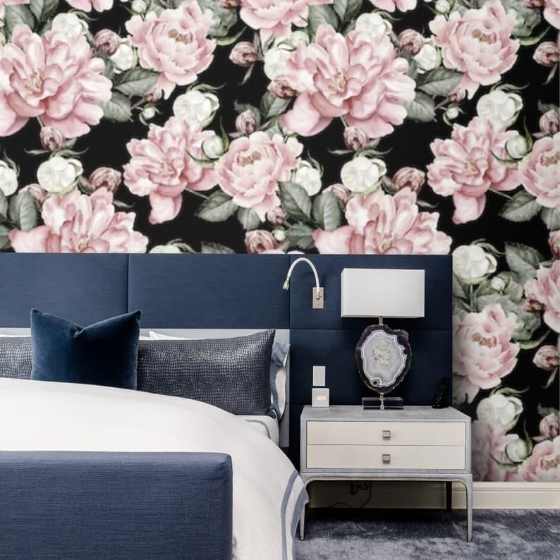 Oversized Blush Roses on Dark Wallpaper - MAIA HOMES