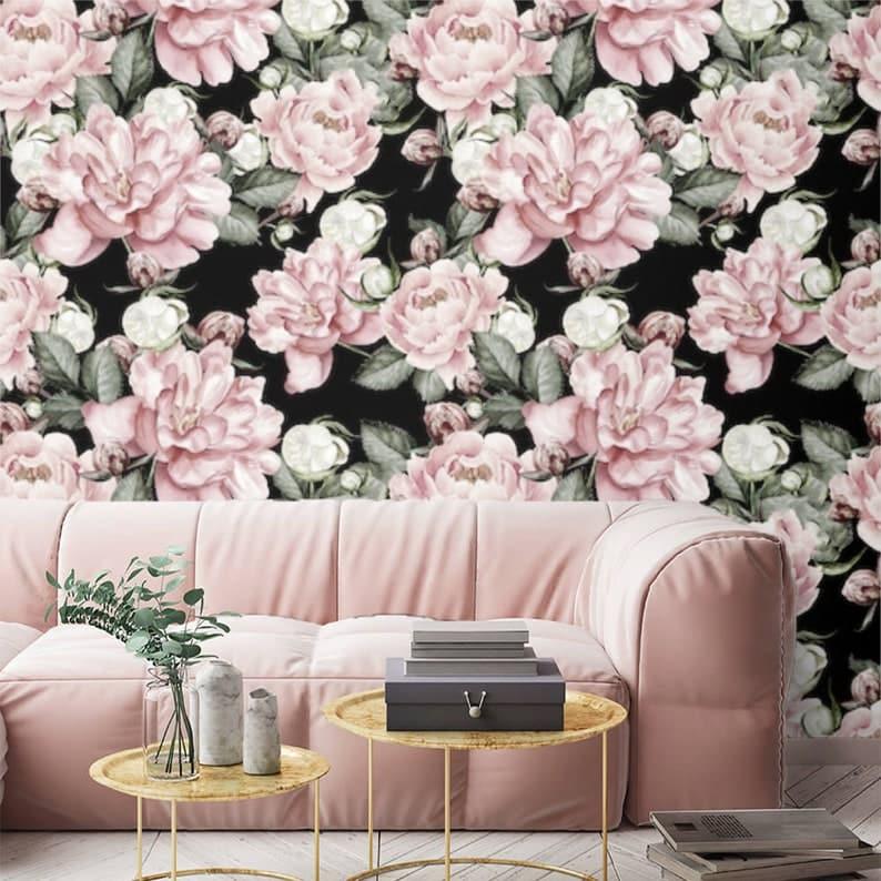 Oversized Blush Roses on Dark Wallpaper - MAIA HOMES