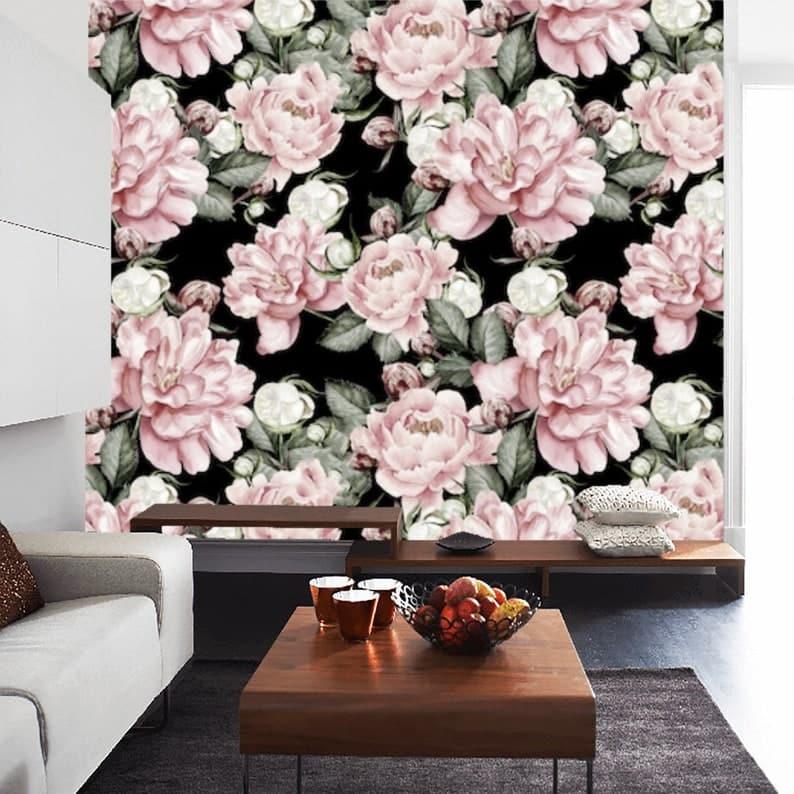 Oversized Blush Roses on Dark Wallpaper - MAIA HOMES