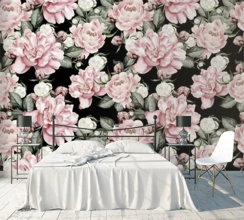 Oversized Blush Roses on Dark Wallpaper