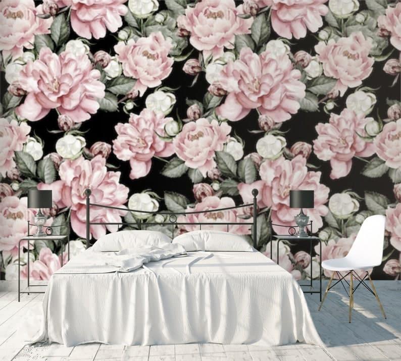 Oversized Blush Roses on Dark Wallpaper - MAIA HOMES