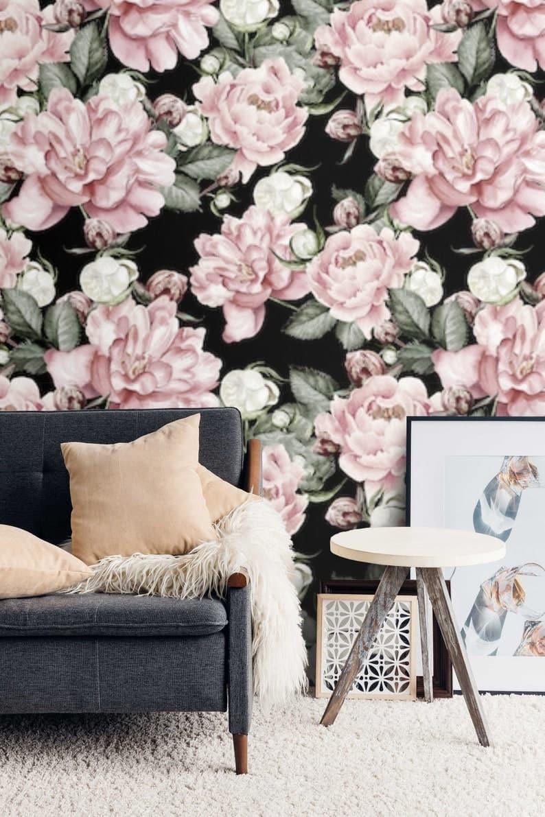 Oversized Blush Roses on Dark Wallpaper - MAIA HOMES