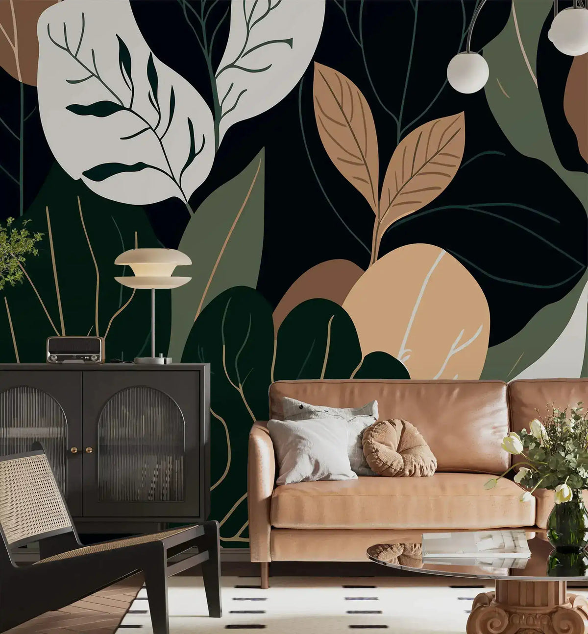 Oversized botanical leaf mural in dining room with arched doorway, round table and gray chairs