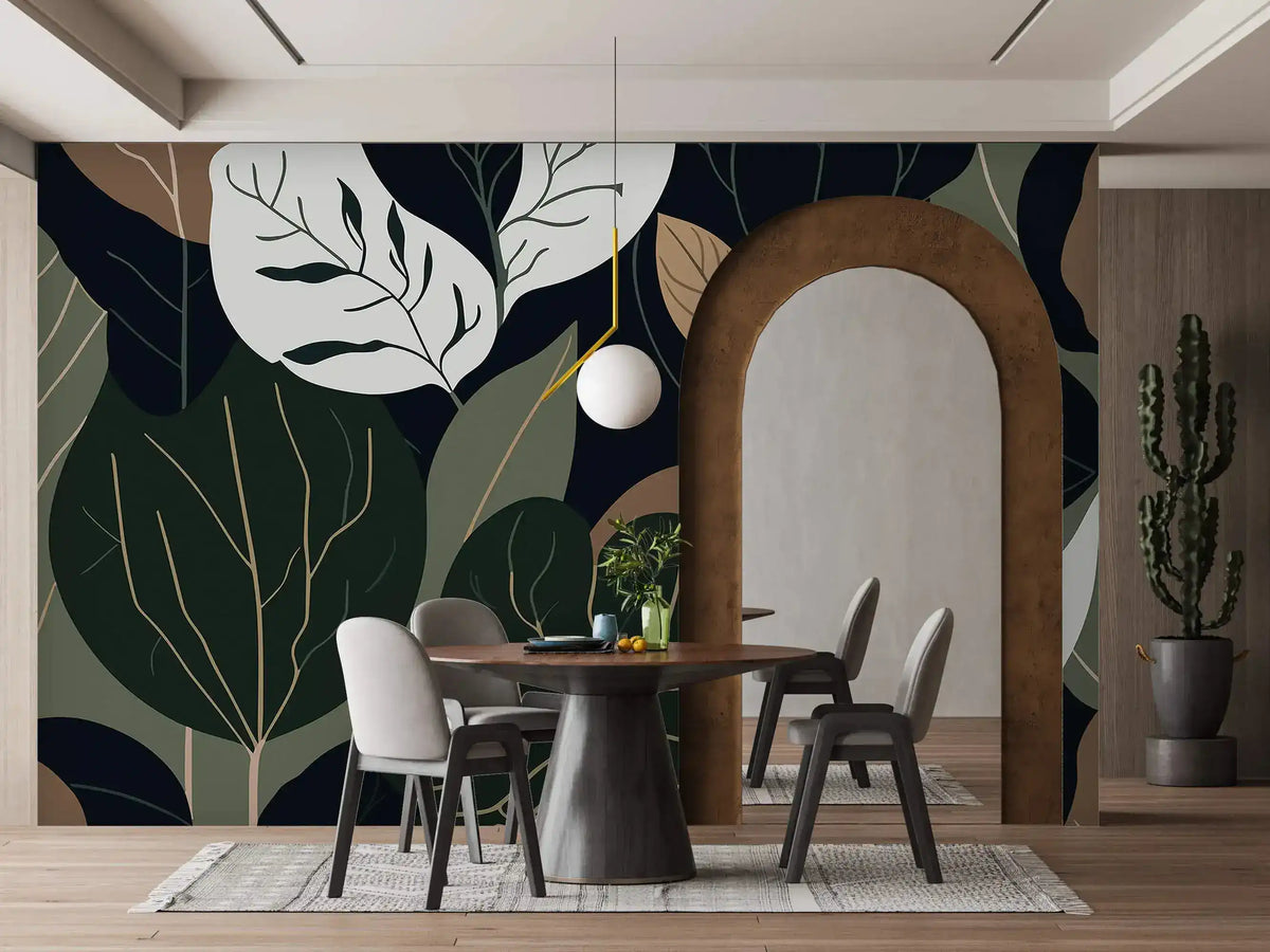 Oversized botanical leaf mural in dining room with arched doorway, round table and gray chairs