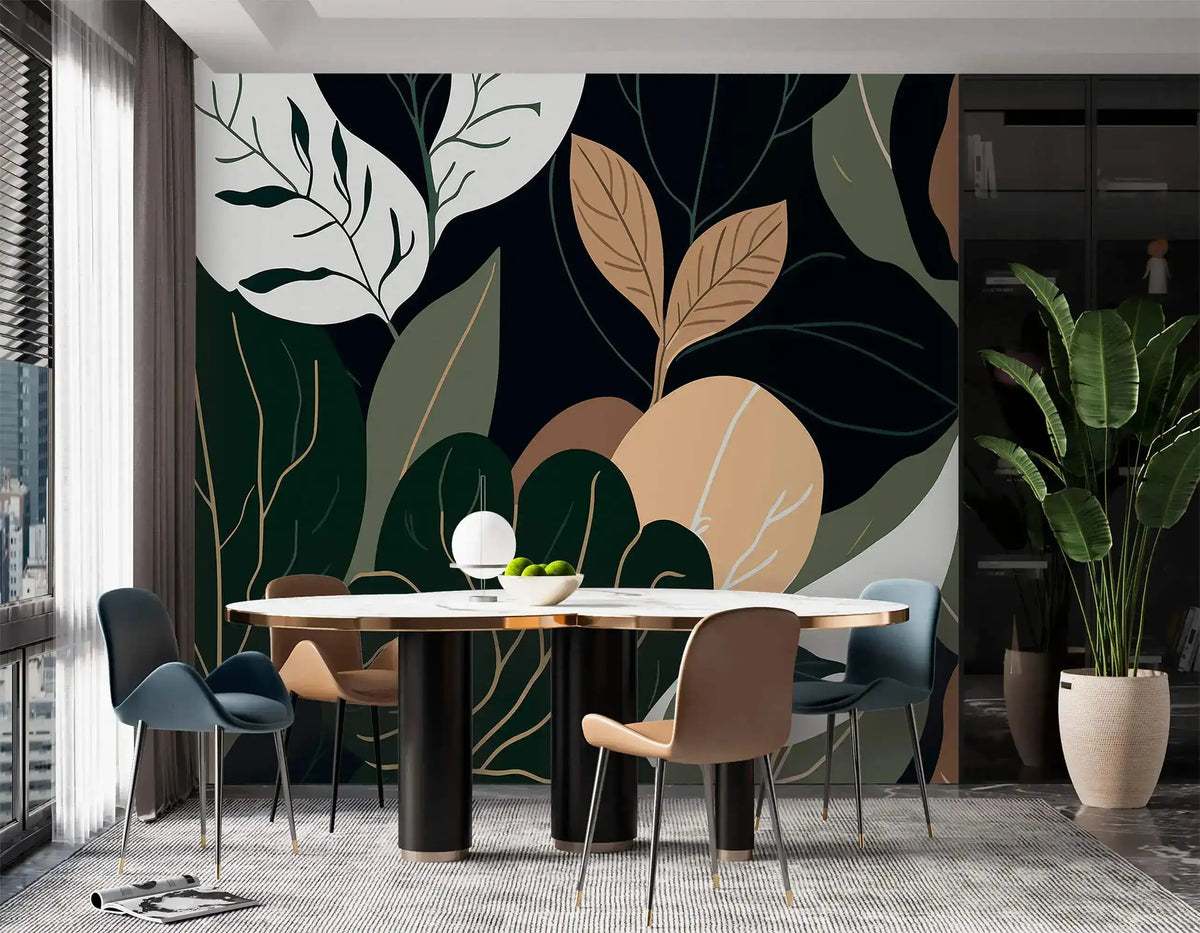 Oversized botanical leaf mural in modern dining room with marble table, blue and tan chairs