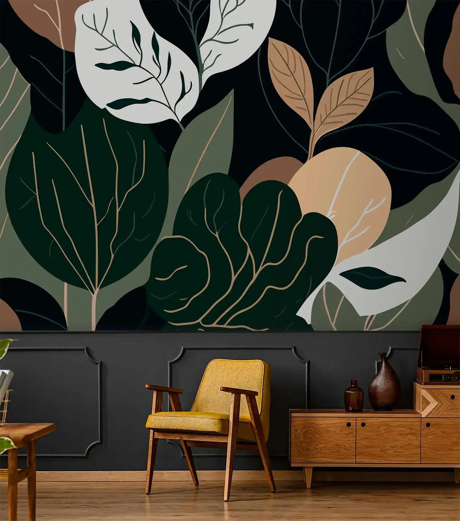 Oversized botanical leaf wallpaper over dark wainscot with yellow midcentury chair and walnut sideboard