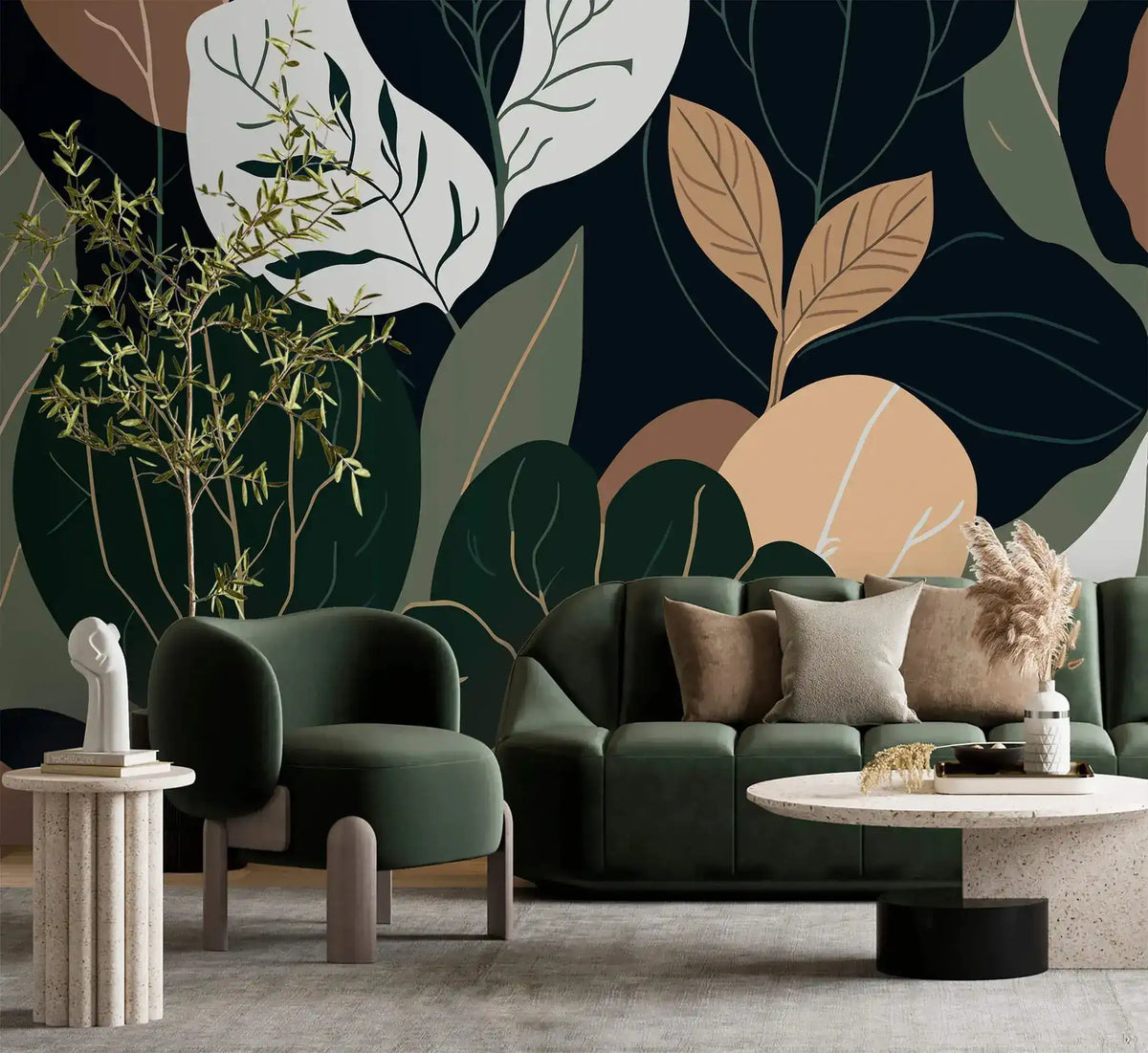 Oversized botanical wallpaper, abstract leaves in navy, green and terracotta behind green sofas and terrazzo table