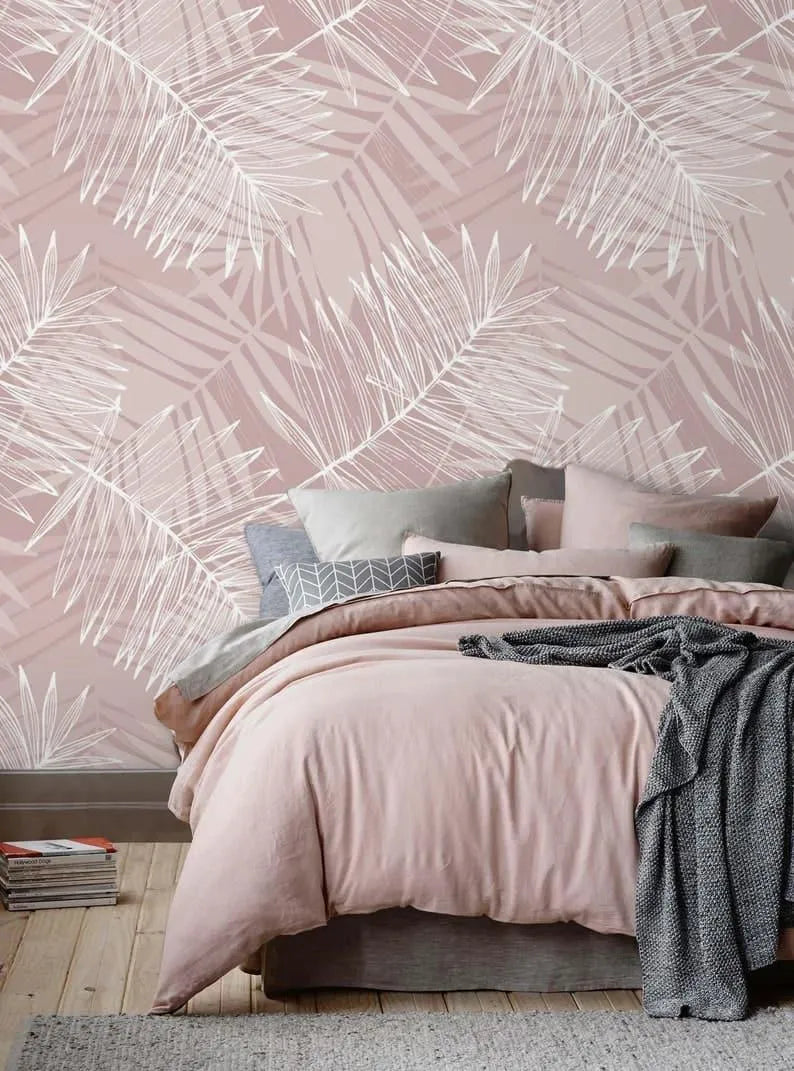 Oversized White and Pink Tropical Palm Leaves Wallpaper