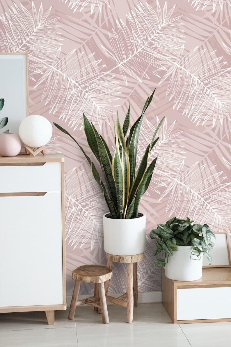 Oversized White and Pink Tropical Palm Leaves Wallpaper - MAIA HOMES