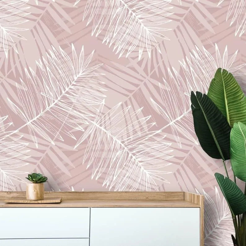 Oversized White and Pink Tropical Palm Leaves Wallpaper