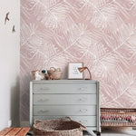 Oversized White and Pink Tropical Palm Leaves Wallpaper