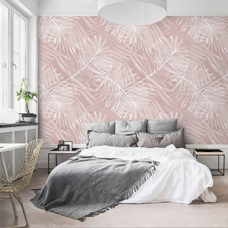 Oversized White and Pink Tropical Palm Leaves Wallpaper - MAIA HOMES