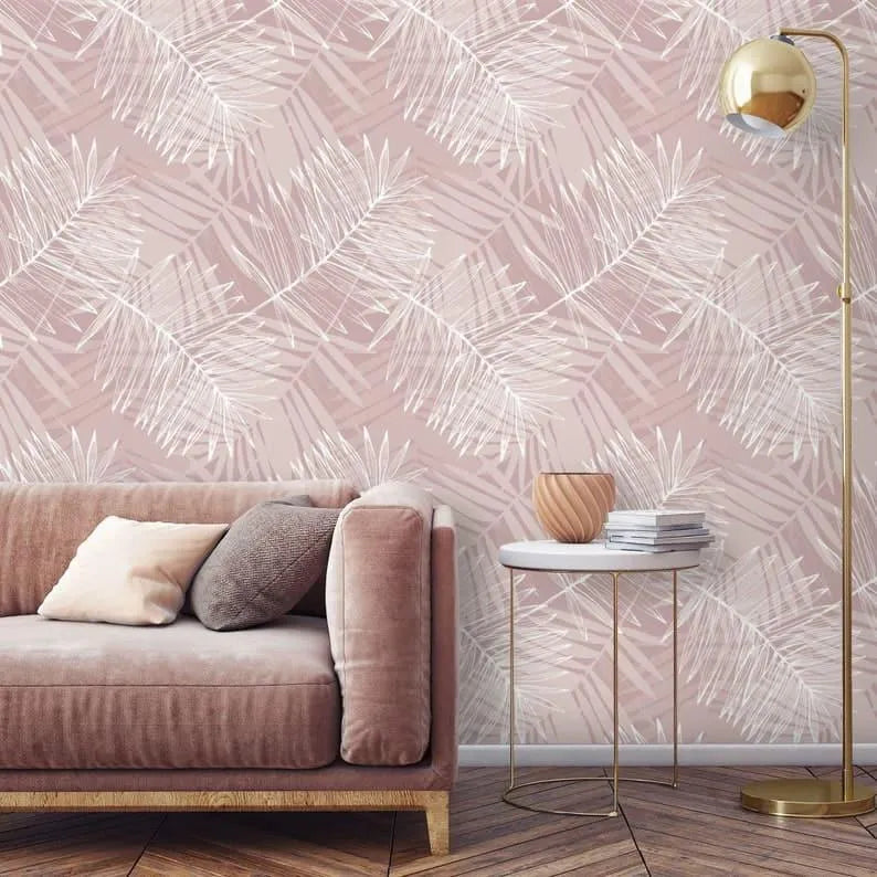 Oversized White and Pink Tropical Palm Leaves Wallpaper