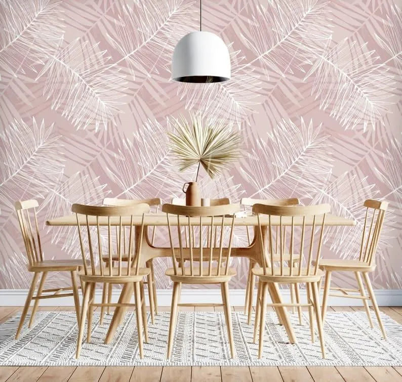 Oversized White and Pink Tropical Palm Leaves Wallpaper