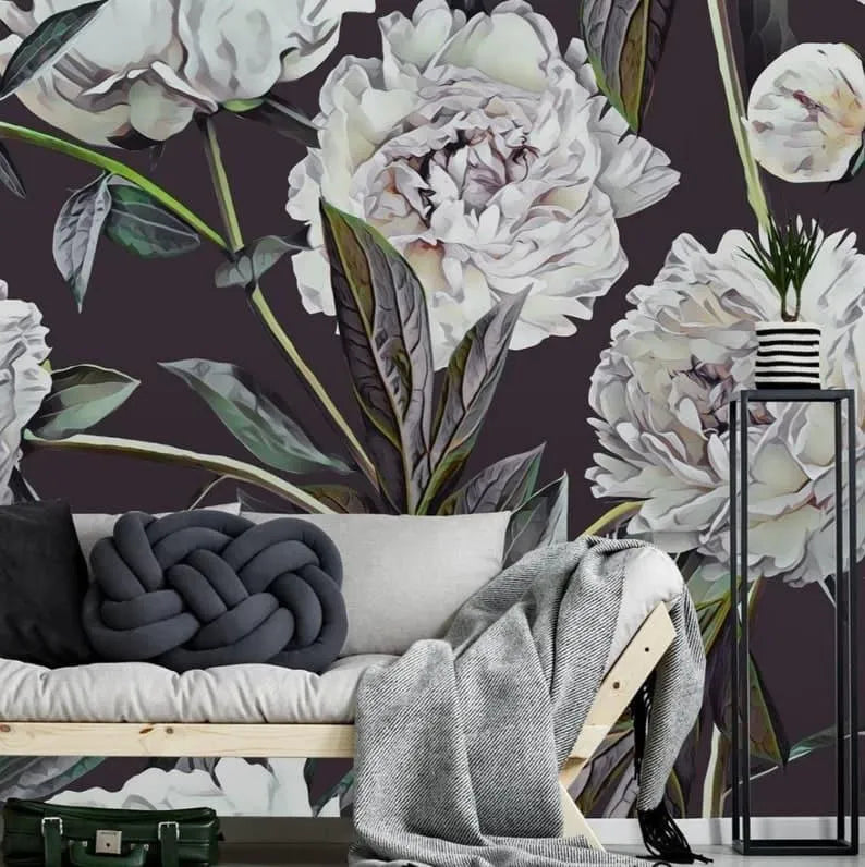 Oversized White Blossoming Roses on Dark Wallpaper