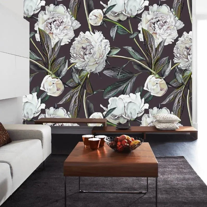 Oversized White Blossoming Roses on Dark Wallpaper