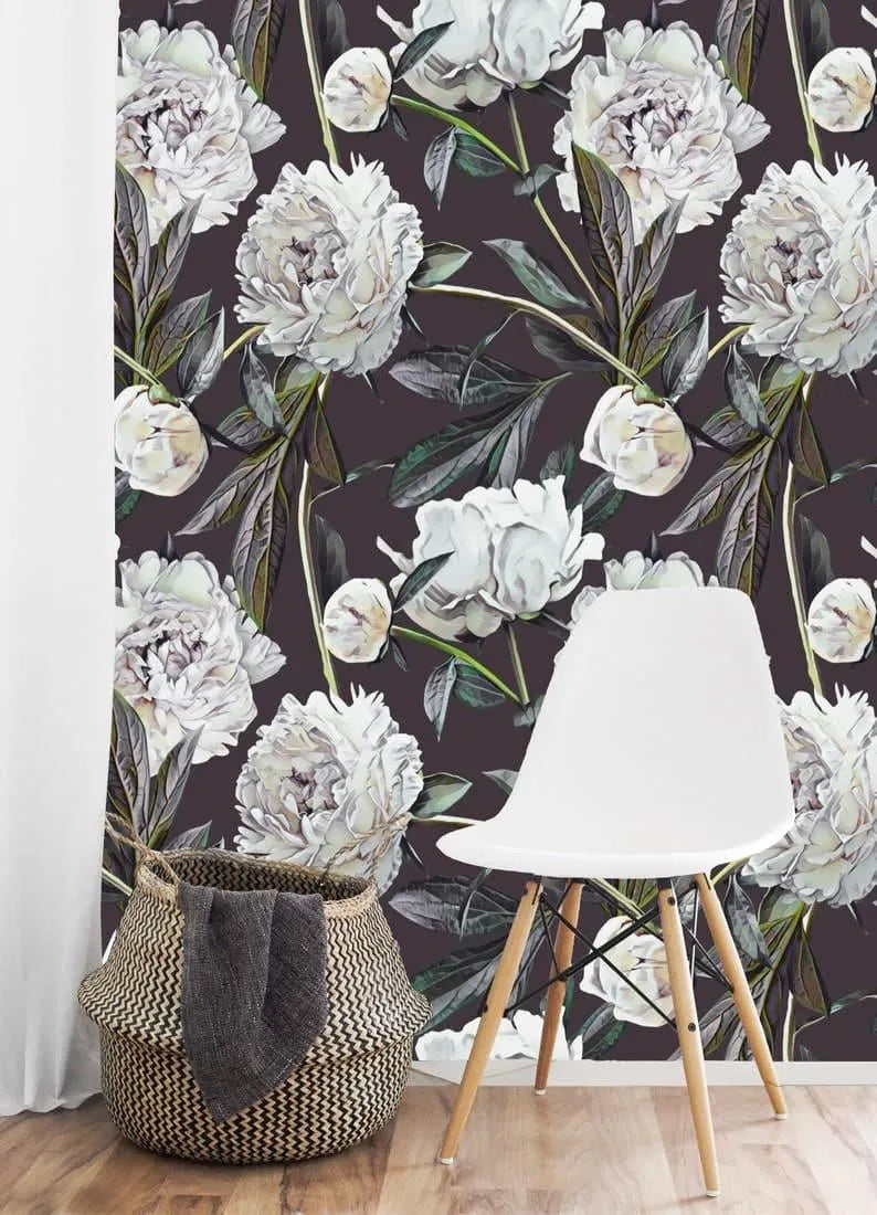 Oversized White Blossoming Roses on Dark Wallpaper