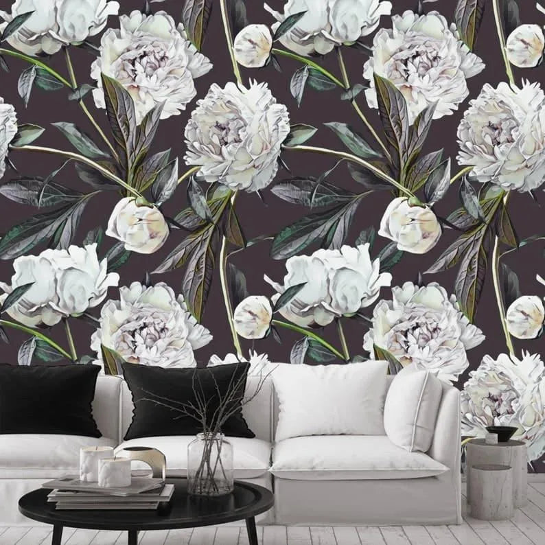 Oversized White Blossoming Roses on Dark Wallpaper