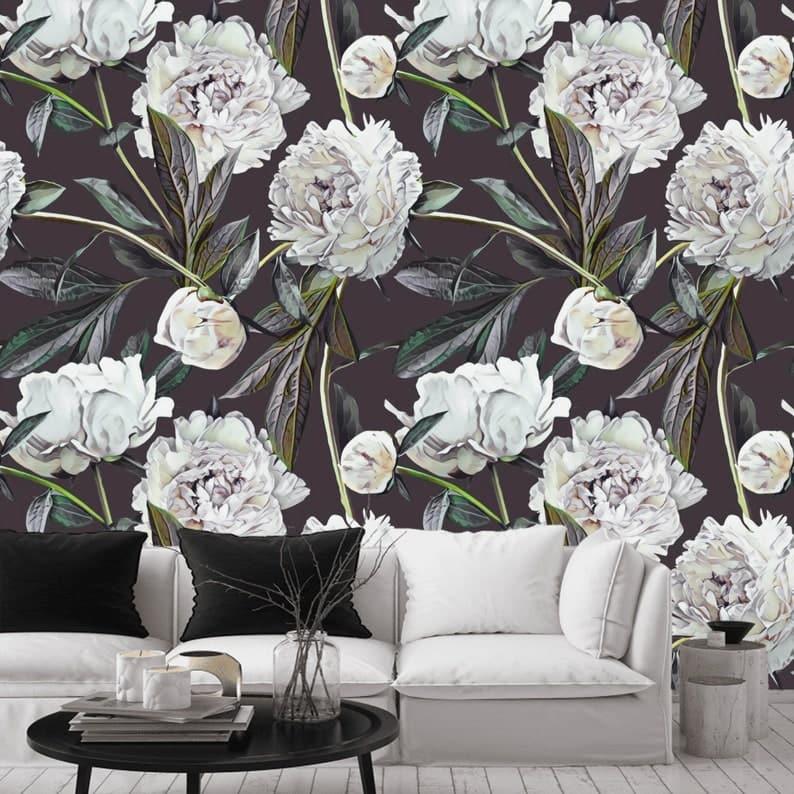 Oversized White Blossoming Roses on Dark Wallpaper - MAIA HOMES
