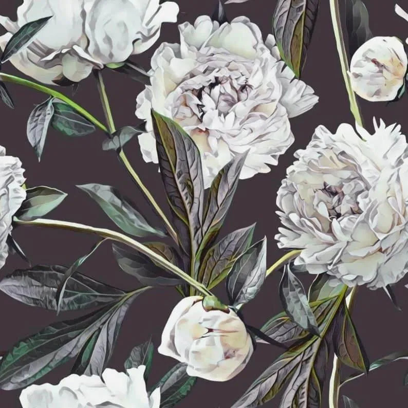 Oversized White Blossoming Roses on Dark Wallpaper